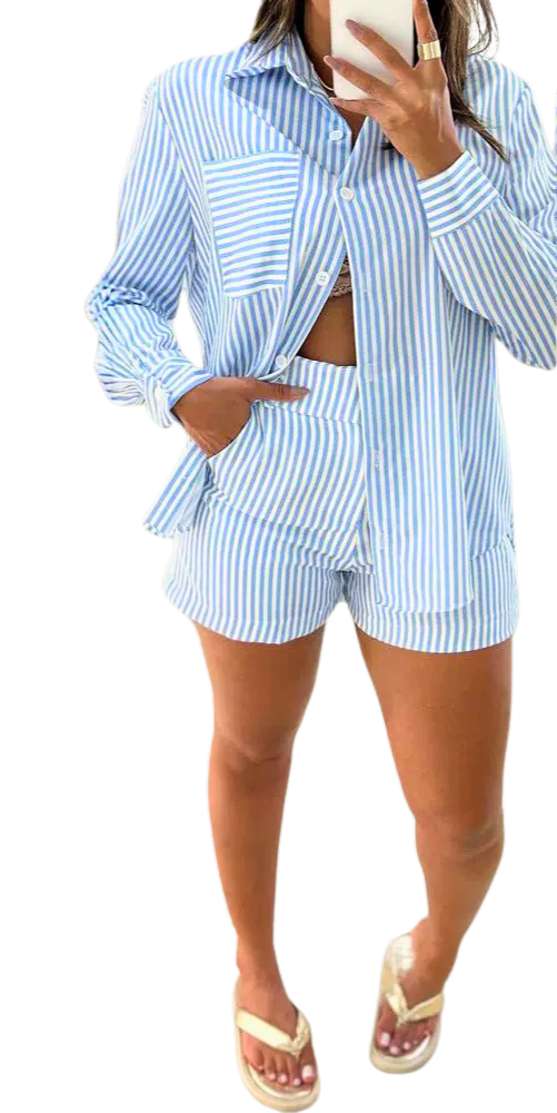 Women's Fashion Blue Striped Short Set