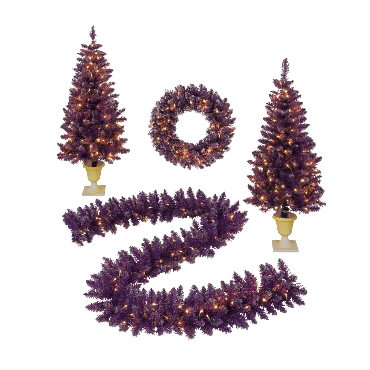 Pre-lit Christmas Artificial Tree 4-Piece Set, Garland, Wreath and Set of 2 Entrance Trees, X-mas with LED Lights, Purple