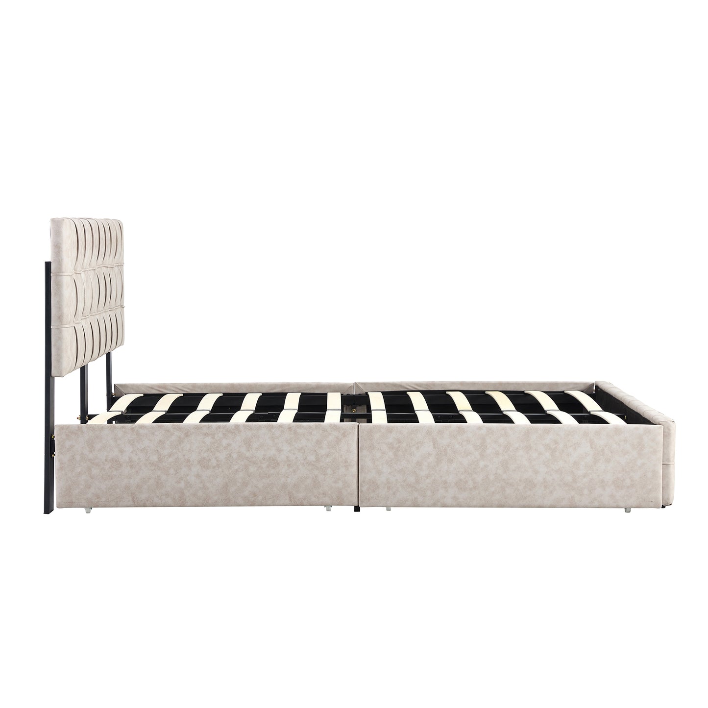 Marco de cama con plataforma tapizada de tamaño completo, color beige, con cabecera ajustable y almacenamiento de 4 cajones