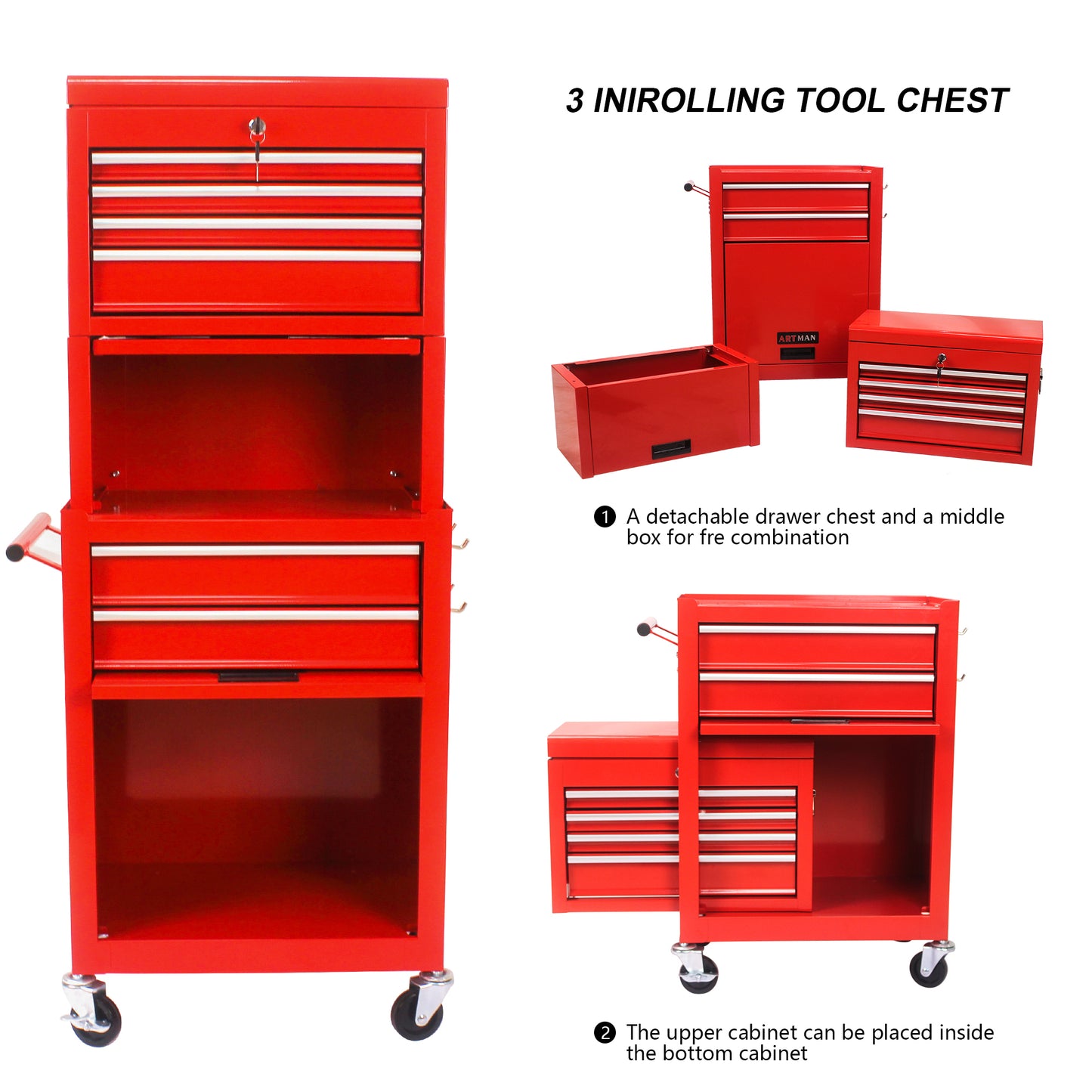Cofre de herramientas rodante con ruedas y cajones, gabinete de almacenamiento de herramientas de 6 cajones - ROJO