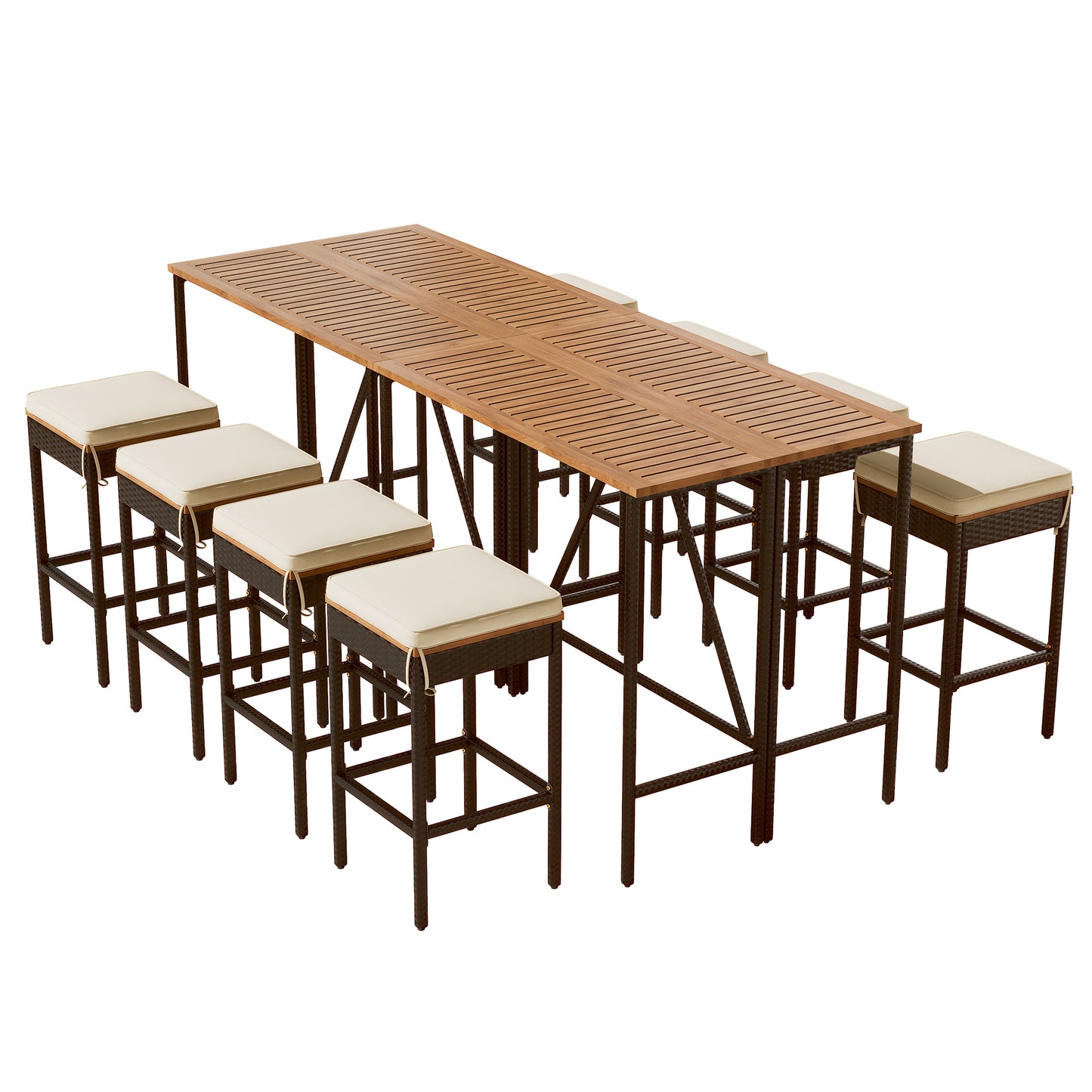 10-Piece Outdoor Acacia Wood Bar Height Table With Eight Cushioned Stools, Brown