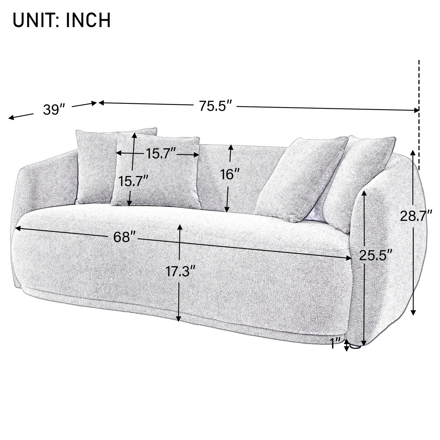 Modern Moon Shaped Upholstered 3 Piece Sofa Set 2 Arm Chair + 1 Sofa & 5 Pillows