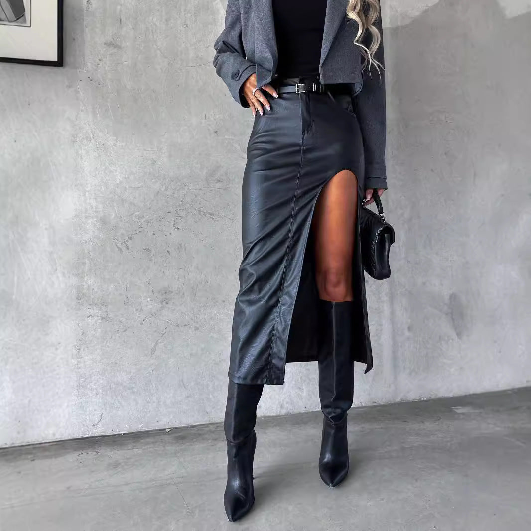 Features Wide Split Faux Leather Skirt