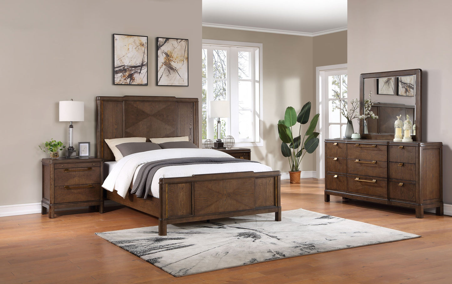 4 Piece Queen Bronze & Walnut Bedroom Set