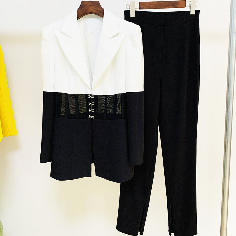 Black and White Women's Mesh Midsection Corset Lapel Suit