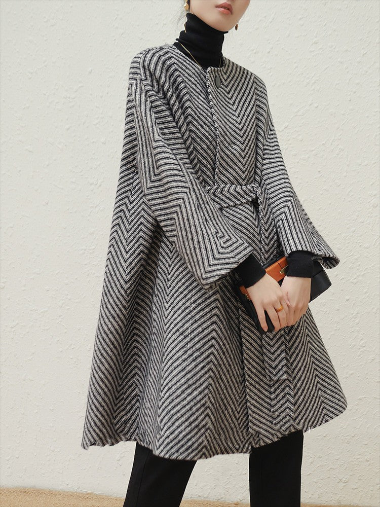 Herringbone Belted Crewneck Overcoat