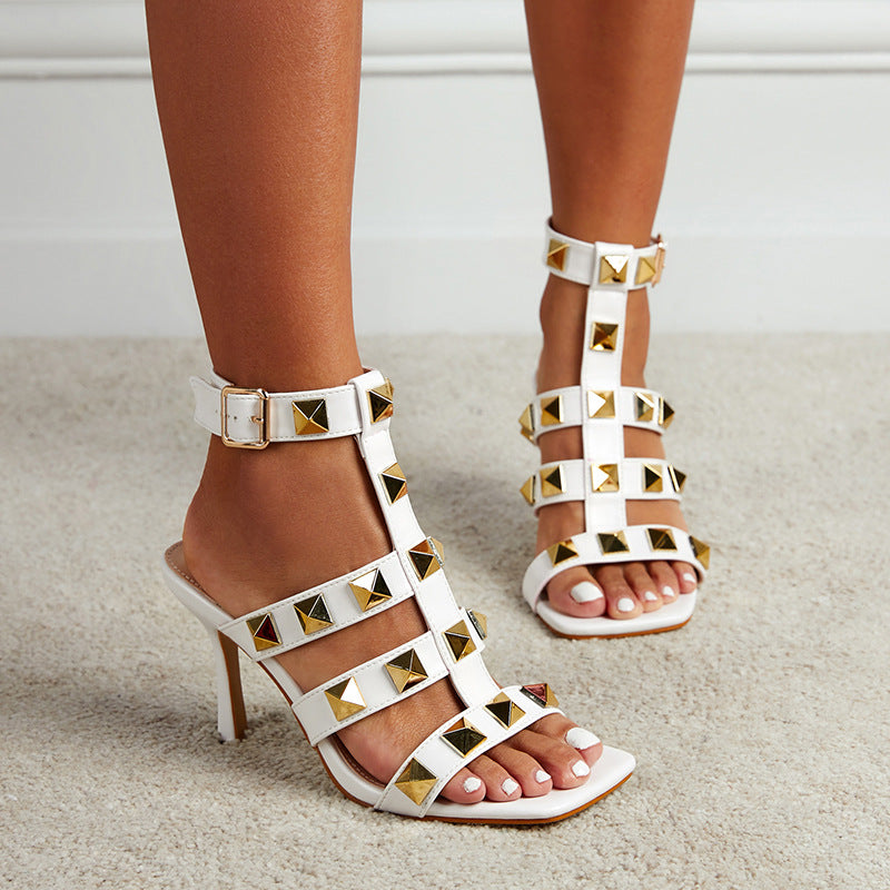 Square Toe Roman Gold Accent Heels