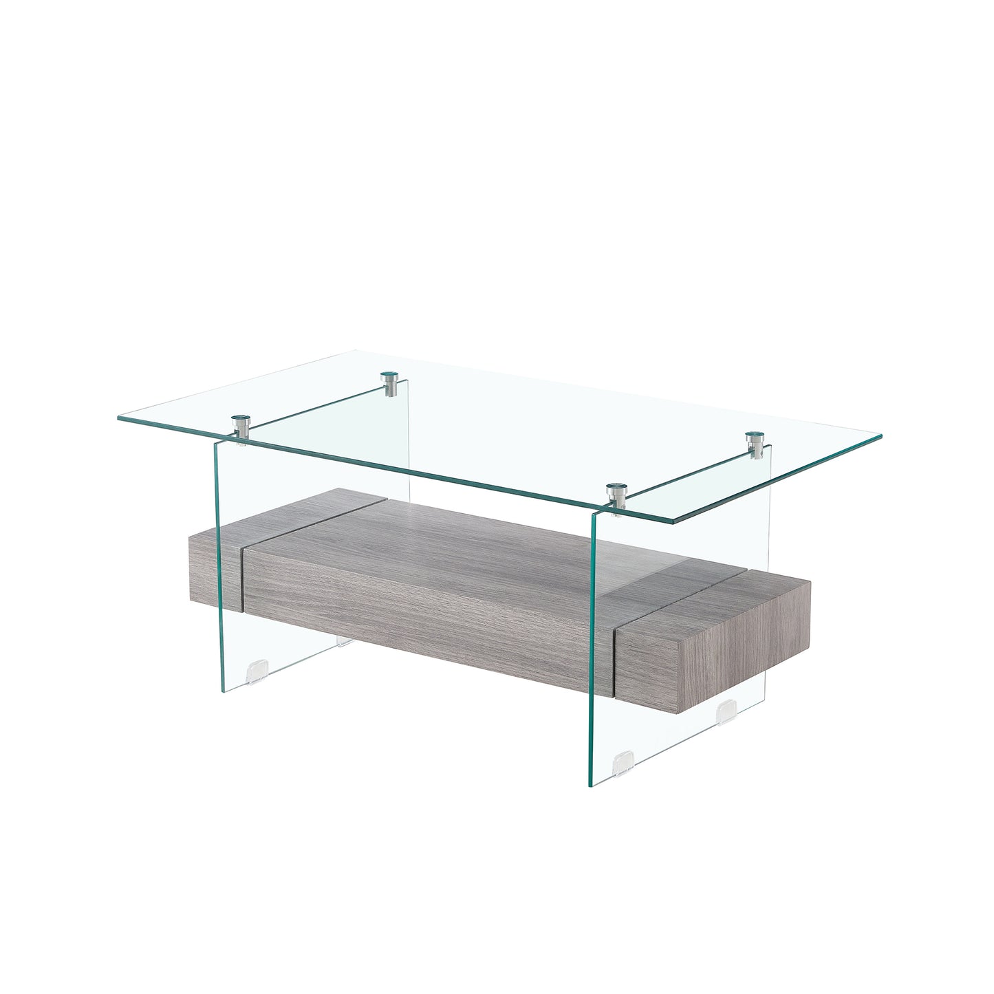 37.8" Tempered Glass & Grey Wash Wood Look Coffee Table with Dual Shelves and Drawer