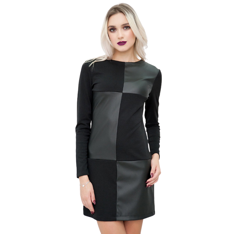 Faux Leather Block Fabric Long Sleeve Dress