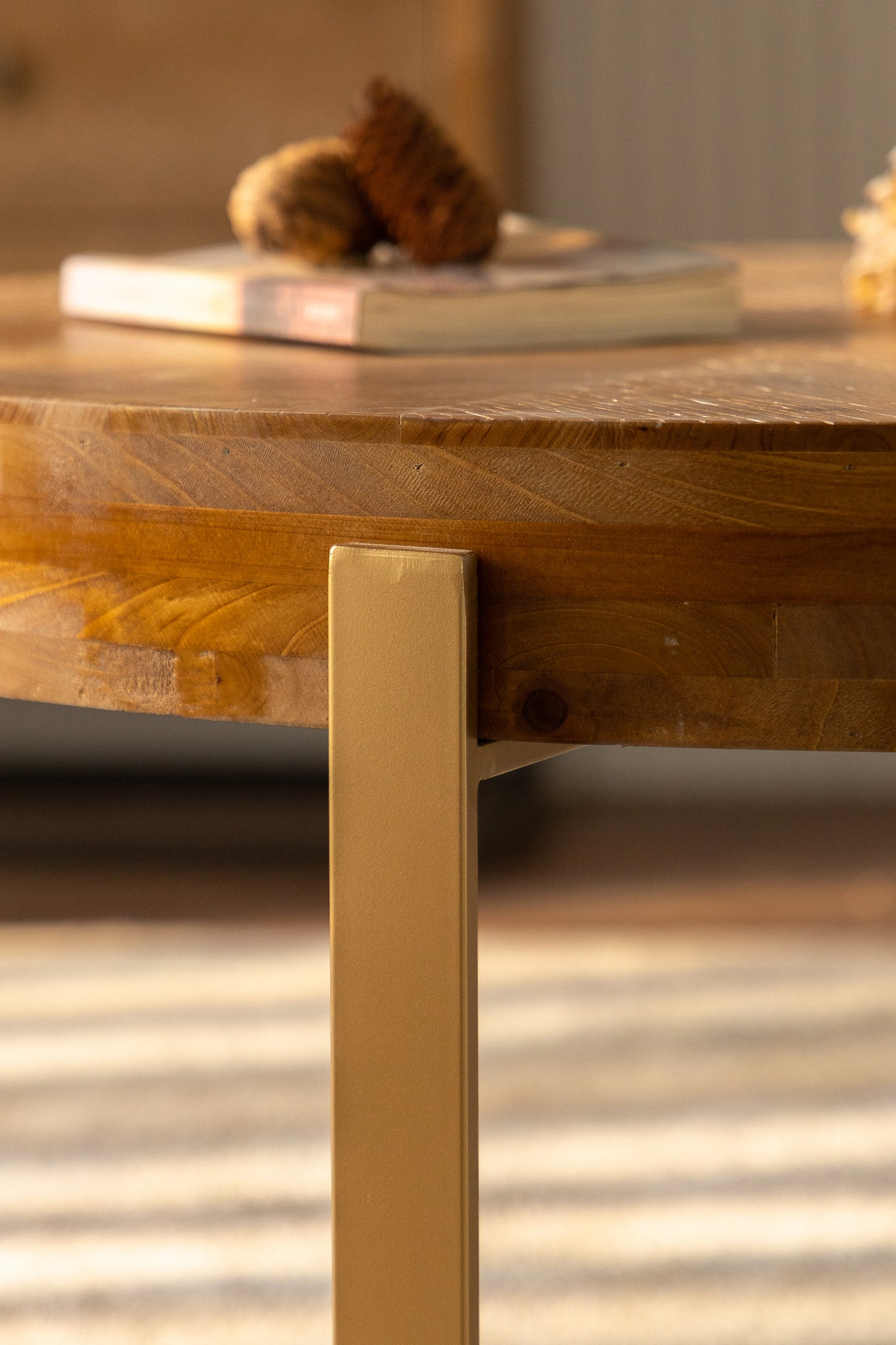33.86" Fir Wood & Gold Cross Legs Base Round Coffee Table