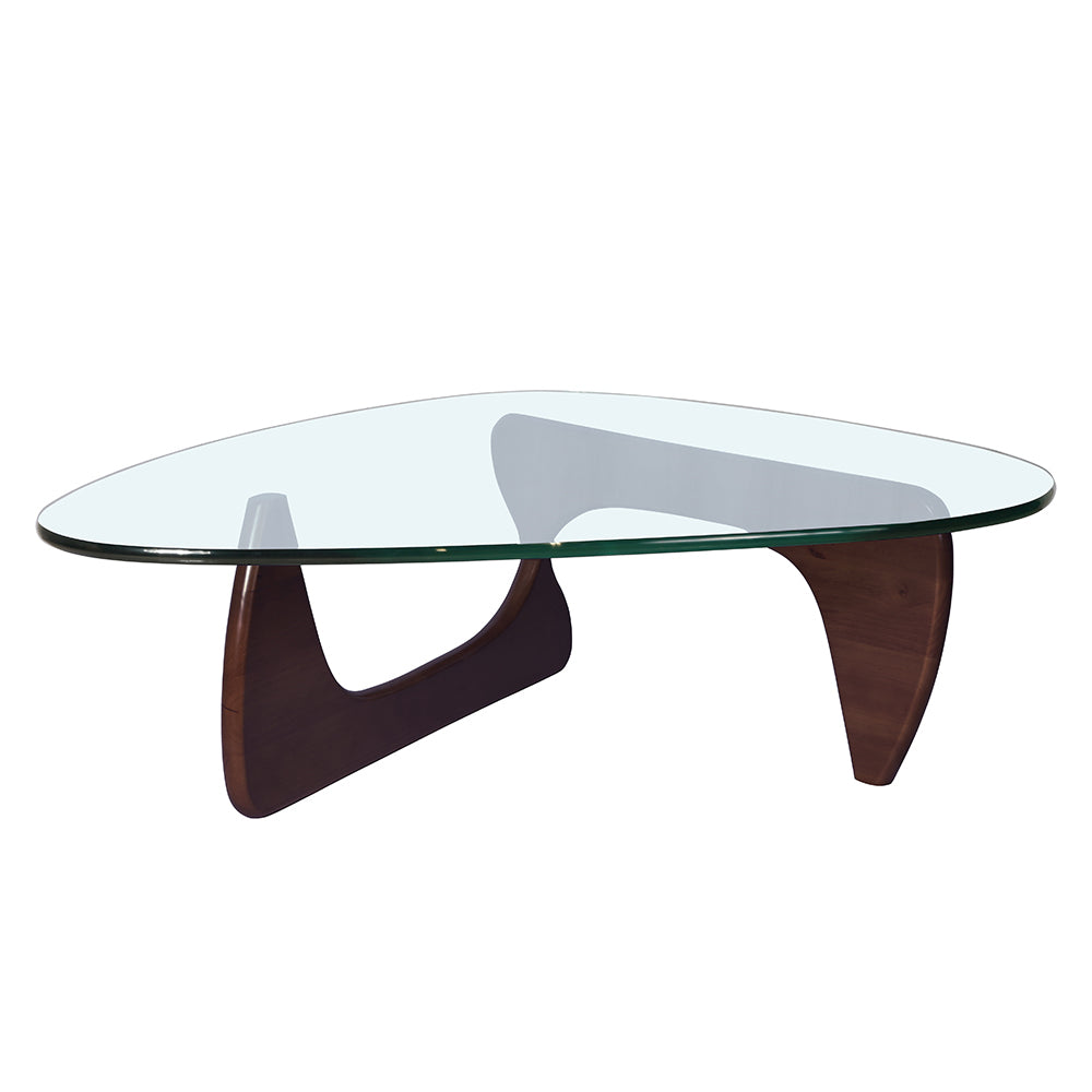 Giovanni Glass Top Dark Walnut Wood Triangle Base Coffee Table