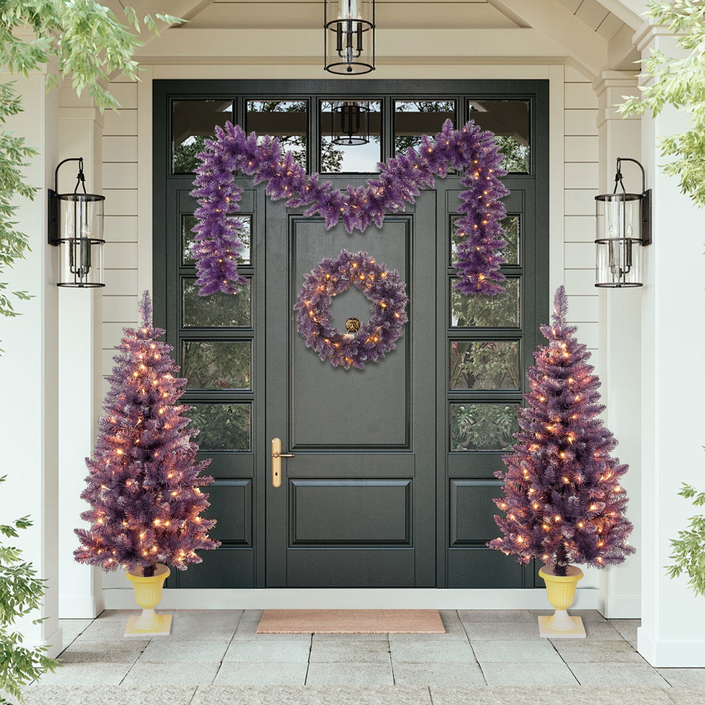 Pre-lit Christmas Artificial Tree 4-Piece Set, Garland, Wreath and Set of 2 Entrance Trees, X-mas with LED Lights, Purple