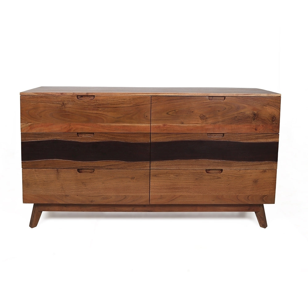 Kommode mit sechs Schubladen aus Akazienholz im Live Edge-Stil