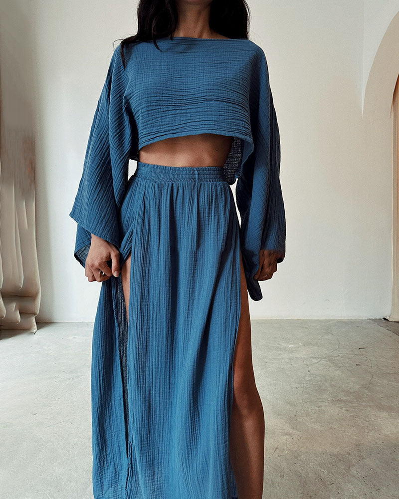 Linen Blend Splits Two-piece Skirt Set