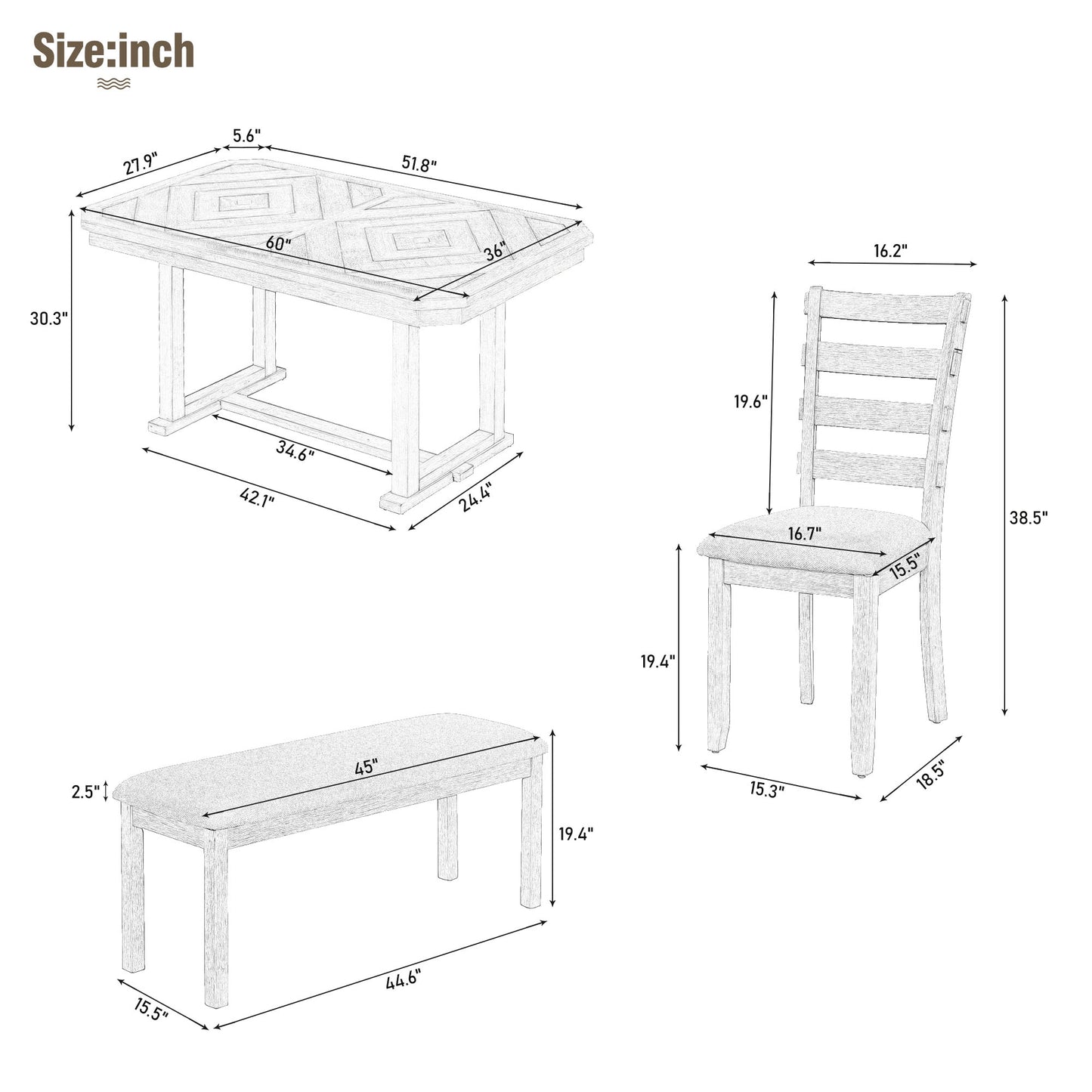 6-Piece Chevron Wood Grain Dining Table Set Upholstered Chairs and Bench (Gray)