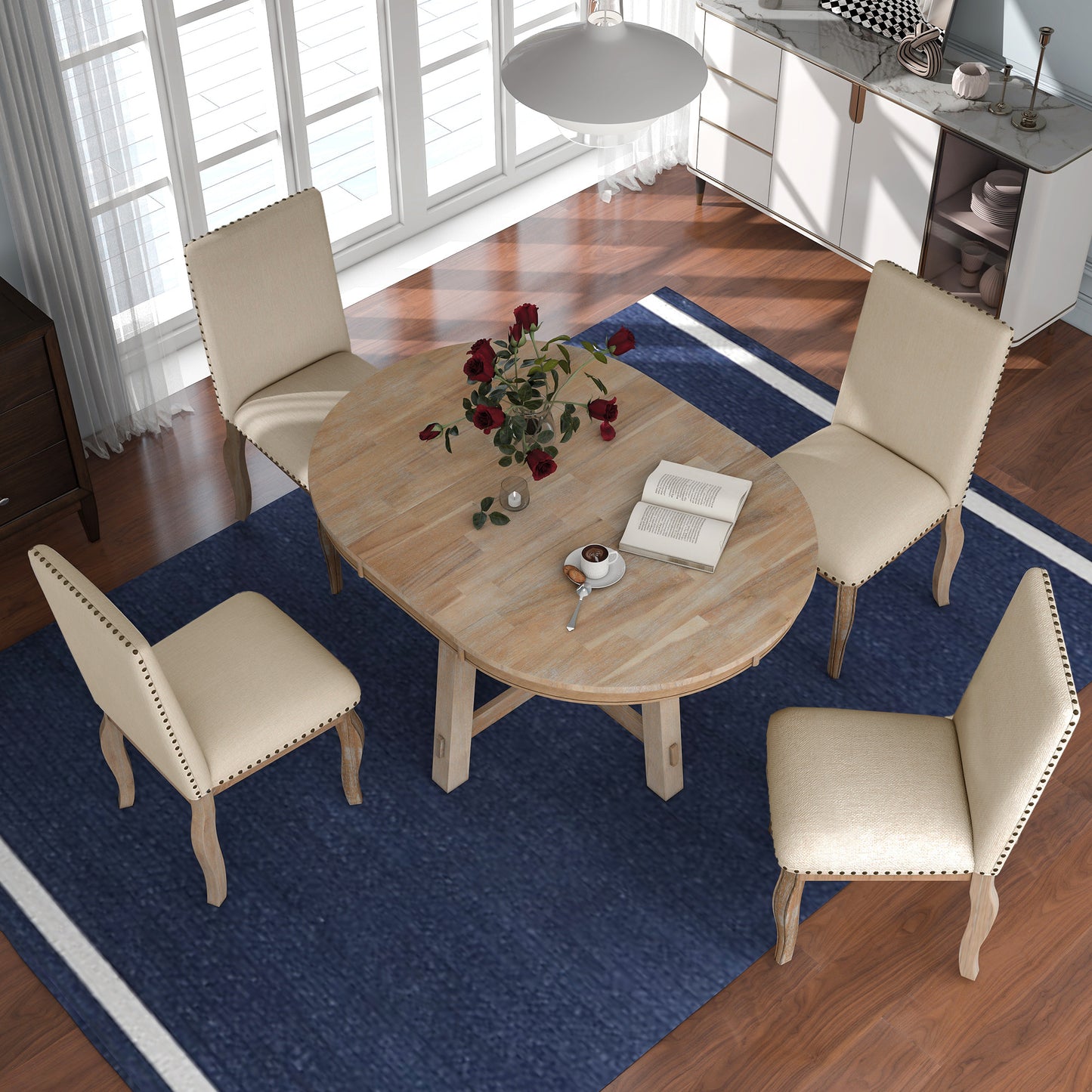 5-teiliger runder ausziehbarer Esstisch aus Holz und 4 gepolsterte Esszimmerstühle