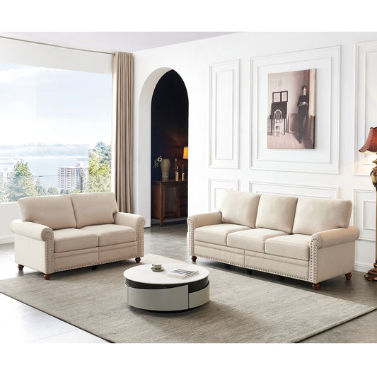 Sofa mit Leinenstoffpolsterung und verstecktem Stauraum, 2+3-Sitzer-Kombination (Beige)