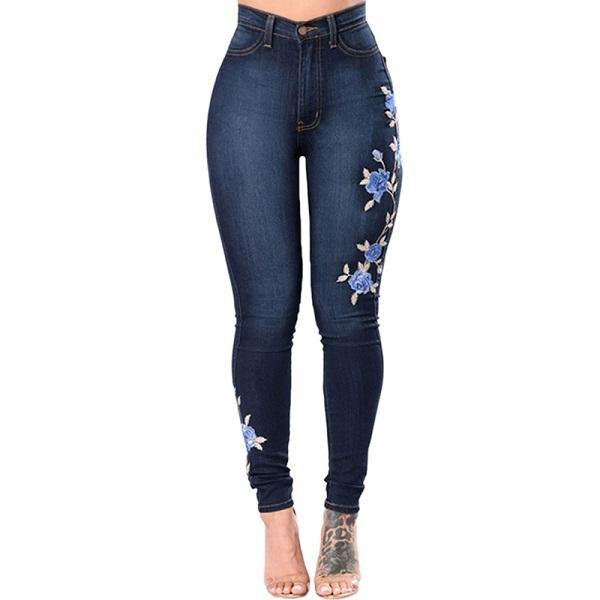 Jeans De Mezclilla Con Flores Azules Bordadas