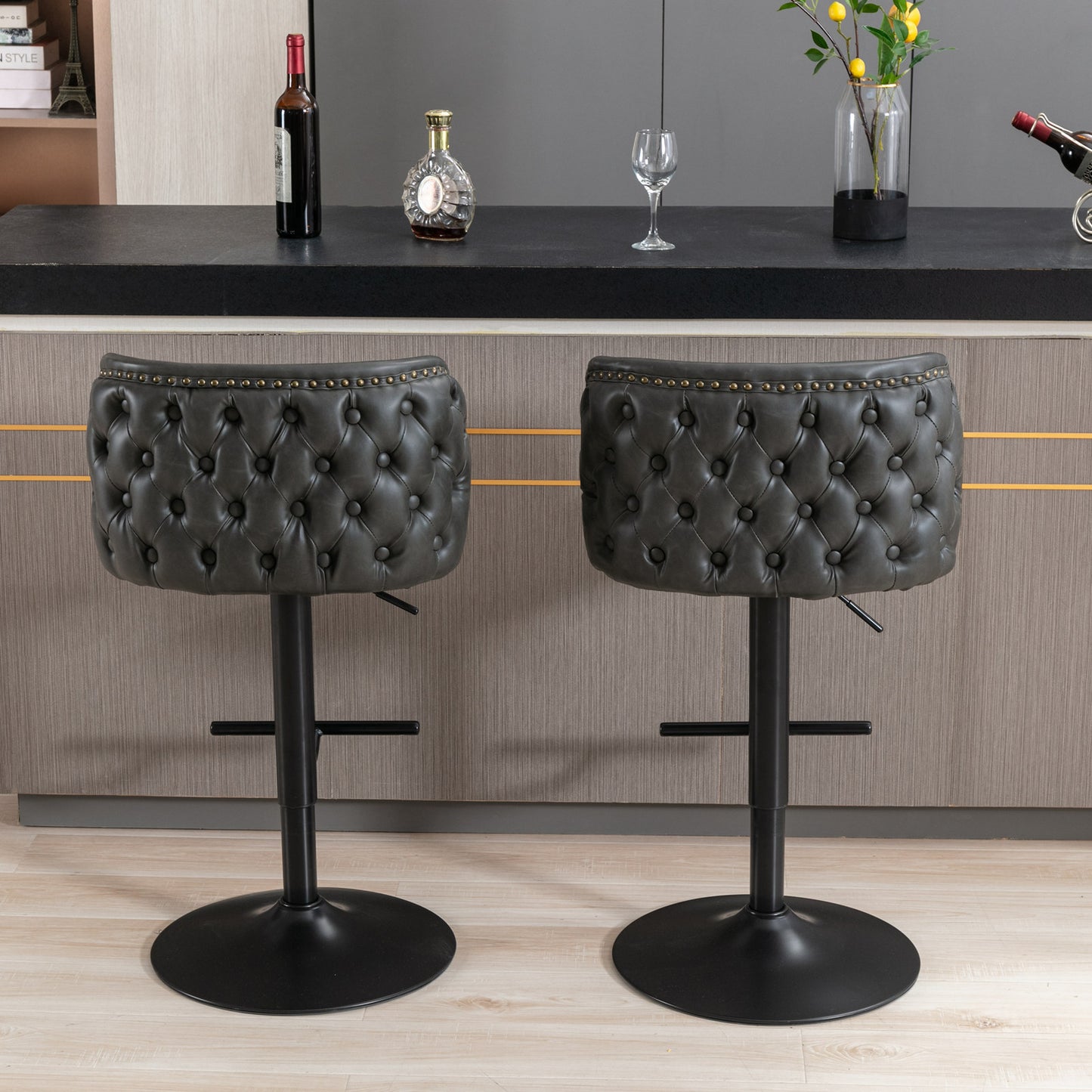 A&A Furniture, Charcoal Grey Vegan Leather Upholstered Swivel Barstools (Set of 2）