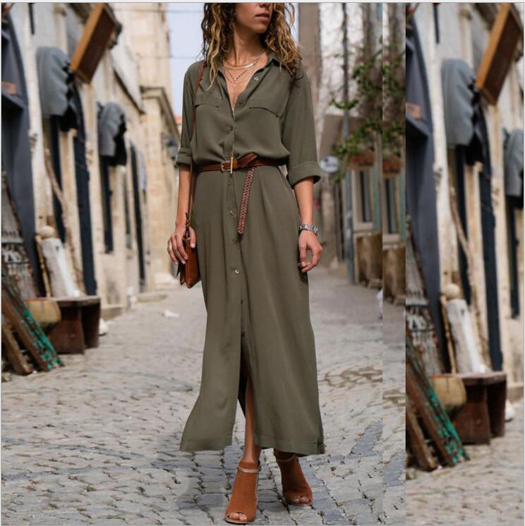 Women's Casual Long Sleeve Button Up Dress