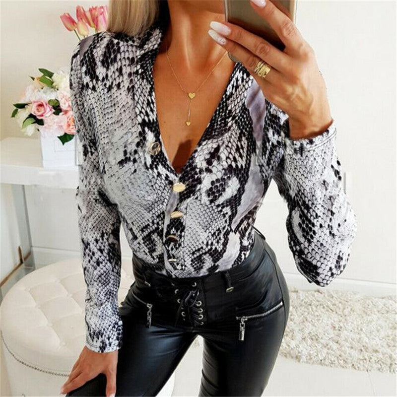 Animal Instincts Sexy V-Neck Buttoned Long-Sleeved Shirt