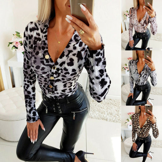 Animal Instincts Sexy V-Neck Buttoned Long-Sleeved Shirt