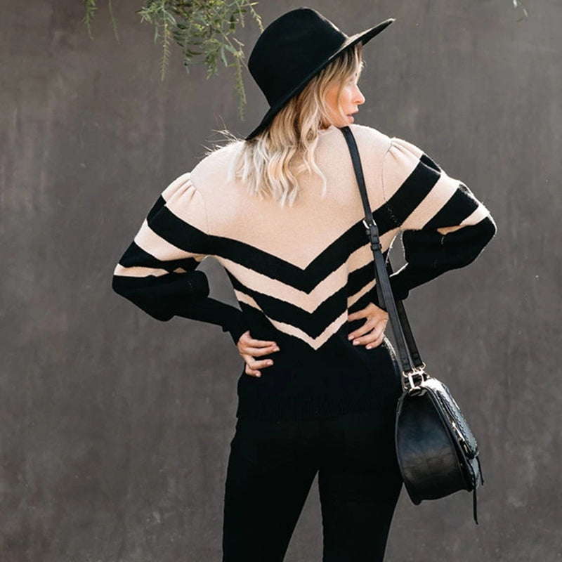 Suéter de punto color canela y negro para mujer