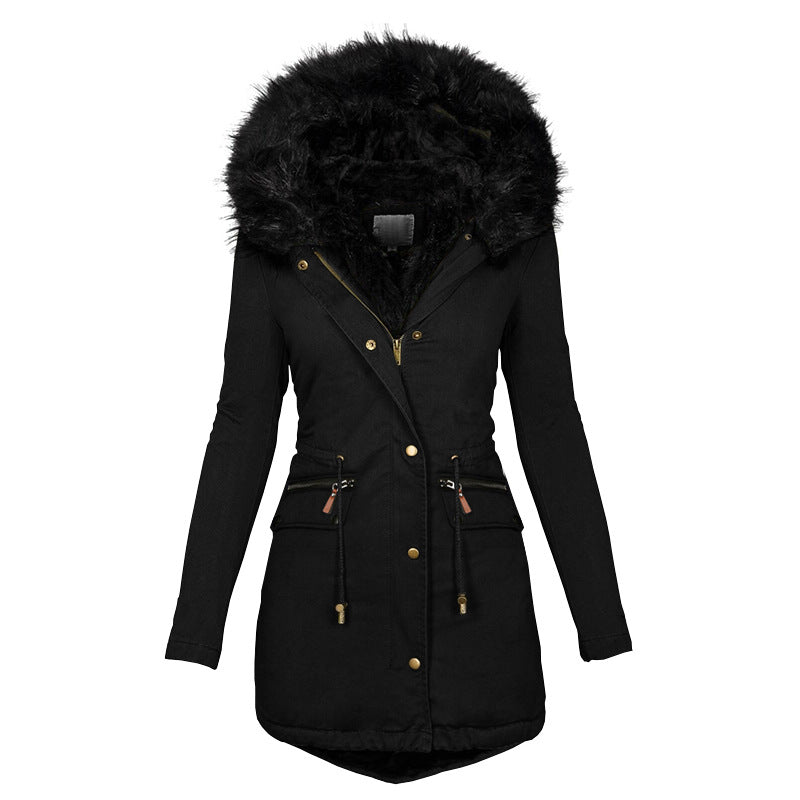Women's Faux Fur Collar Hooded Mid-length Coat