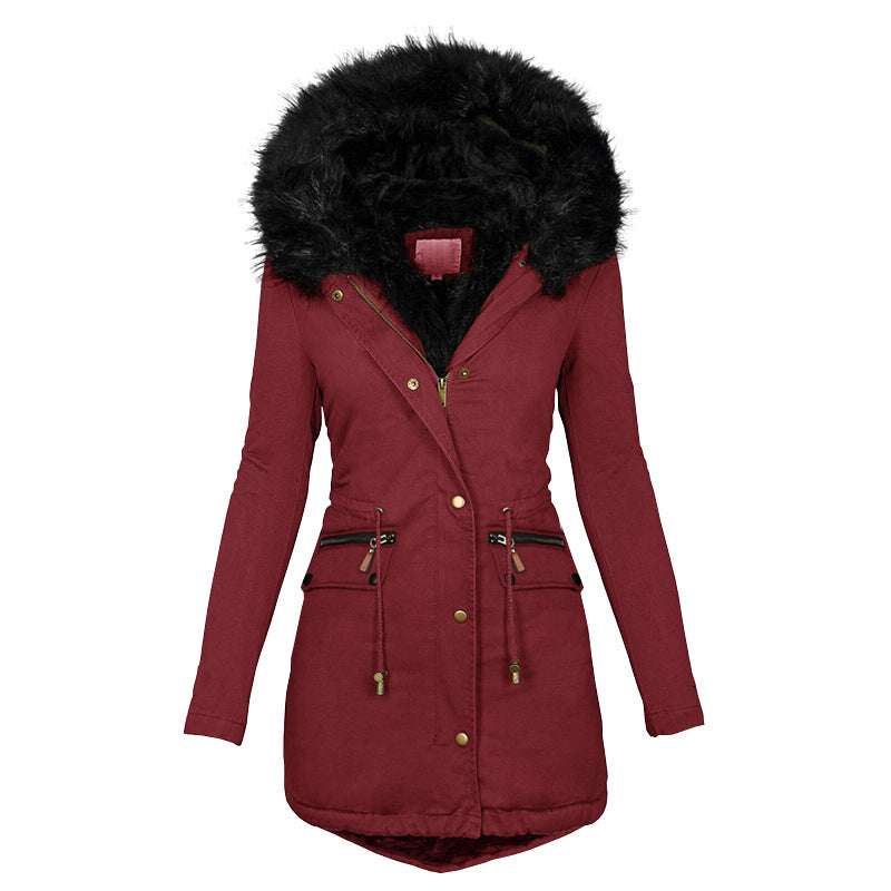 Women's Faux Fur Collar Hooded Mid-length Coat