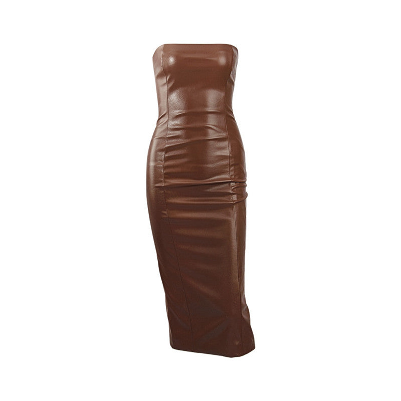 Strapless PU Leather Dress Rear Slit