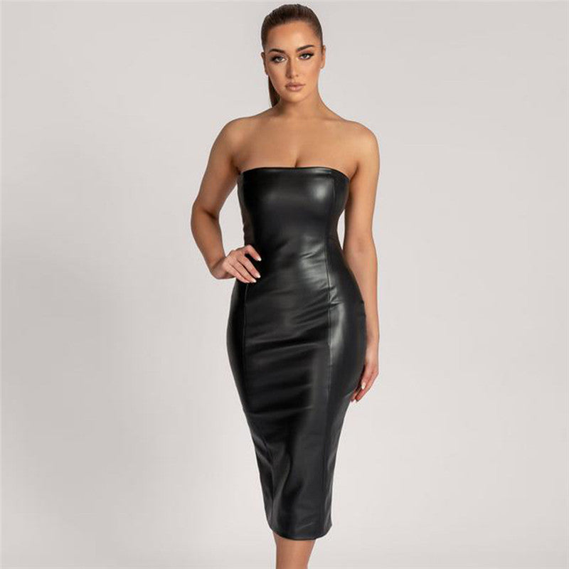 Strapless PU Leather Dress Rear Slit