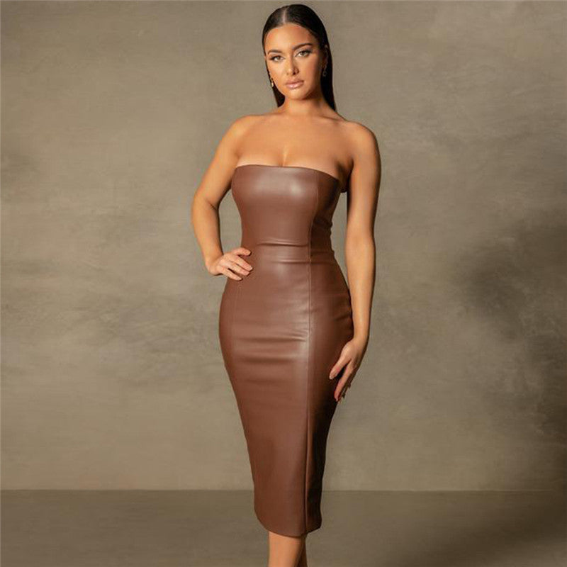 Strapless PU Leather Dress Rear Slit