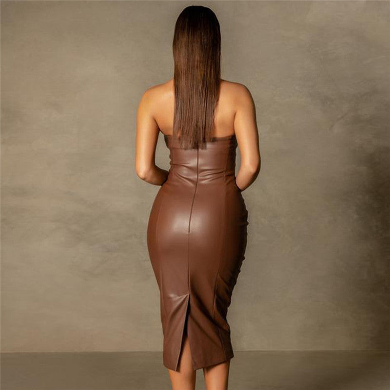 Strapless PU Leather Dress Rear Slit