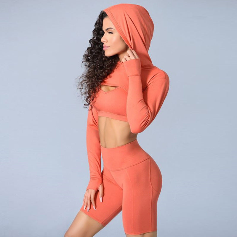 Conjunto de ropa deportiva con capucha cortada para mujer (opciones de color)