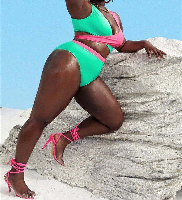 Plus Size Pink & Mint Green Color Block Bikini