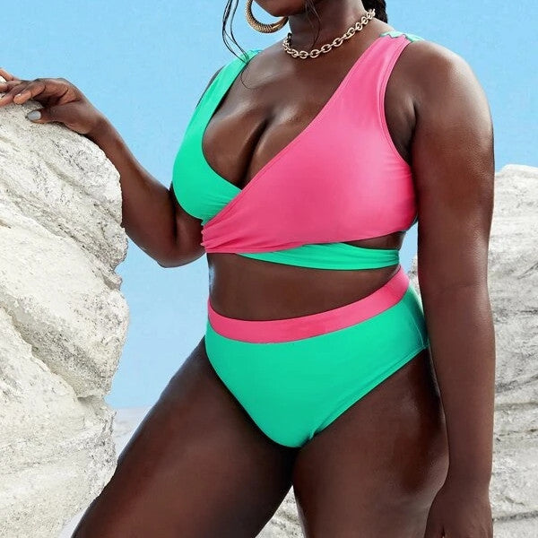 Plus Size Pink & Mint Green Color Block Bikini