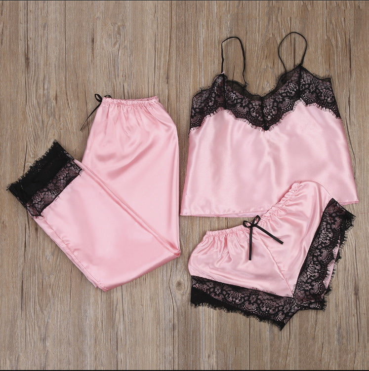 Lace & Satin Pajamas Three-piece Set