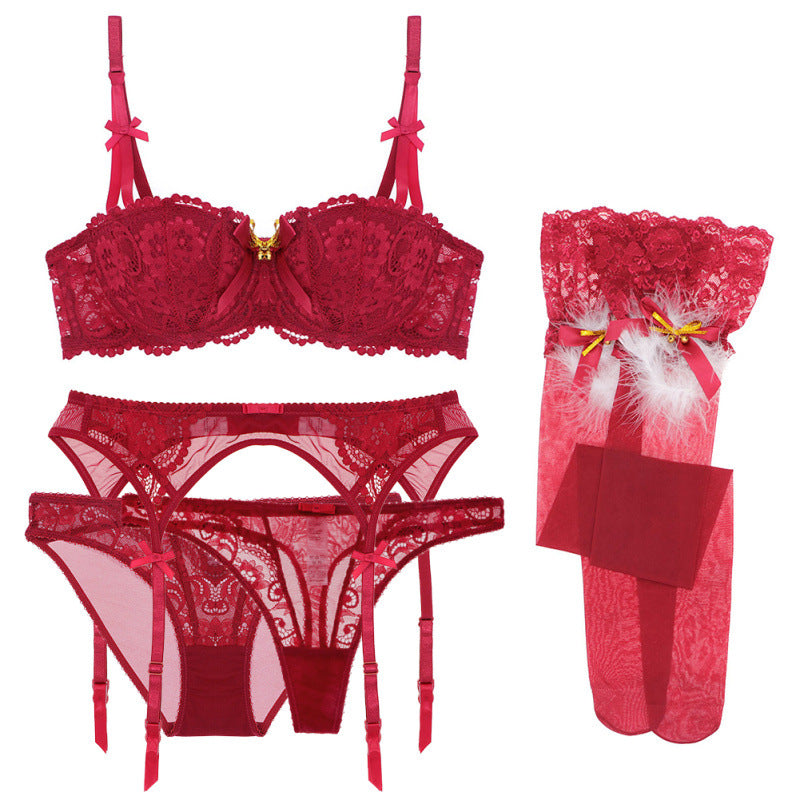Conjunto de 5 piezas de sujetador de encaje rojo sexy Lencería tentación del día de San Valentín