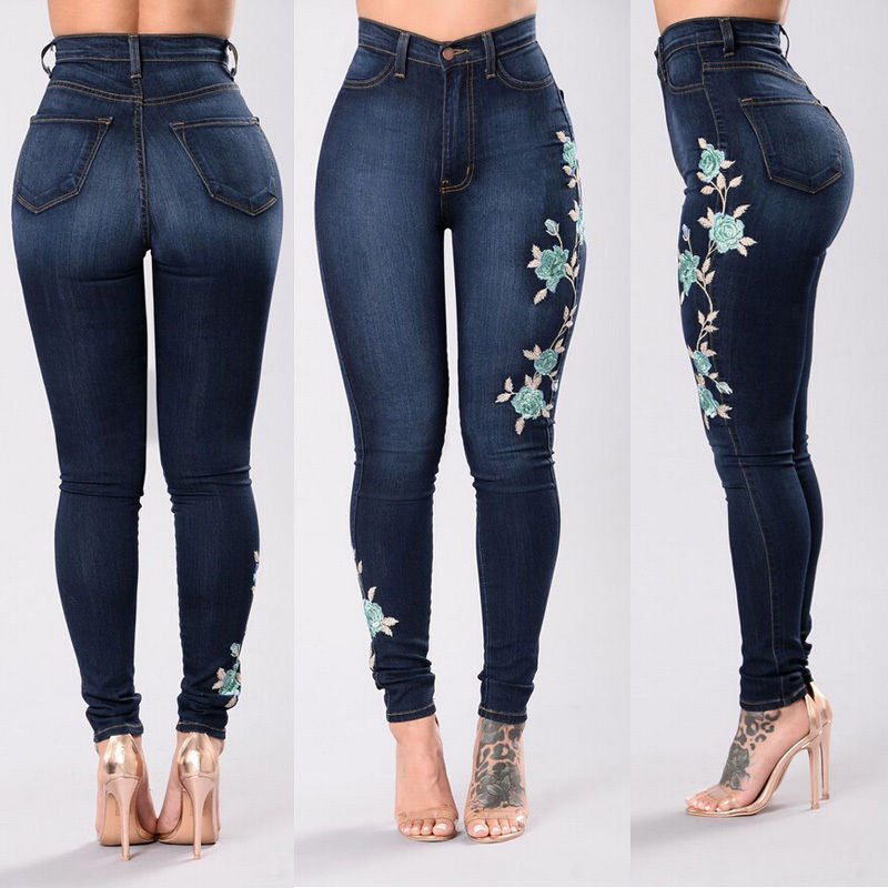 Women's Embroidered Denim Rip Knee Jeans