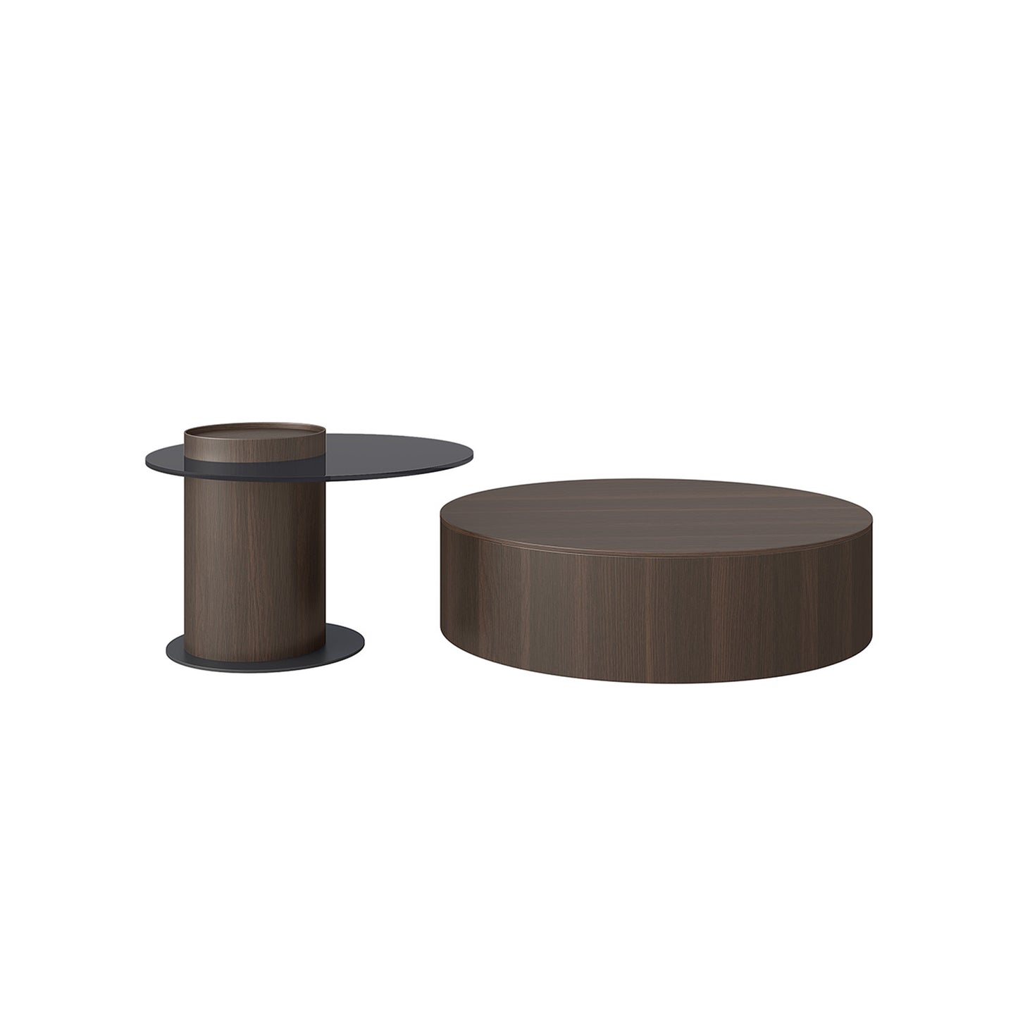 Walnut Color Smoked Glass Round Coffee Table Set