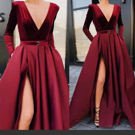 Women's Belted High Slit with Pockets Long Sleeve Dress