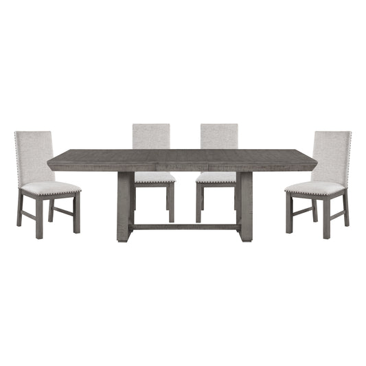 Rustic Gray 5pc Dining Table Set w/ Extension Leaf and 4 Fabric Upholstered Chairs