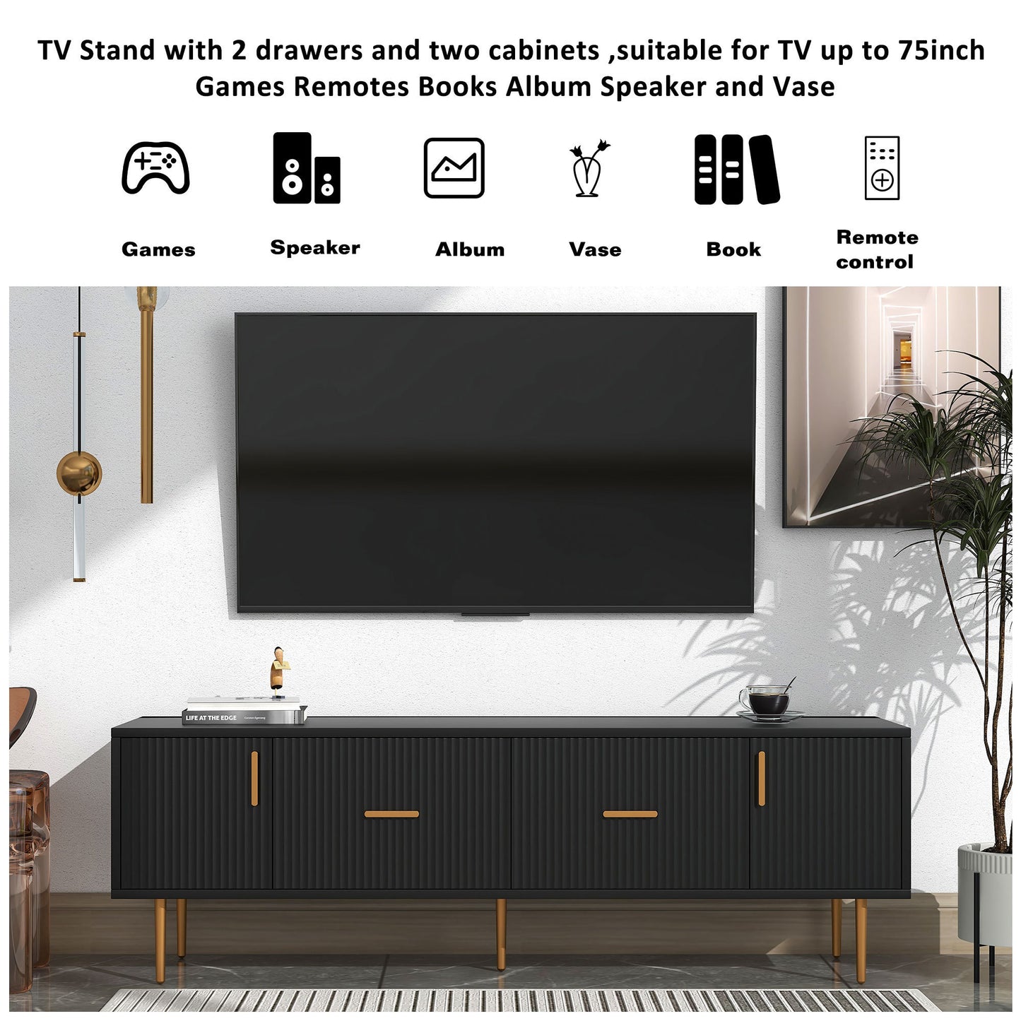 Moderner TV-Ständer in Schwarz und Champagner (für Fernseher bis zu 75 Zoll)