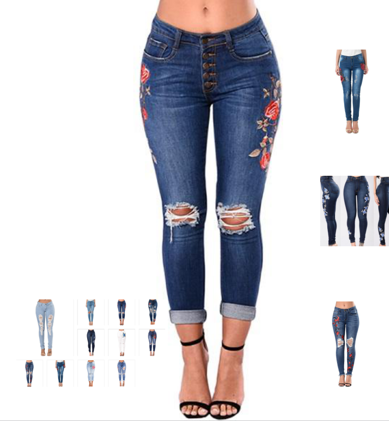 Jeans De Mezclilla Con Flores Azules Bordadas