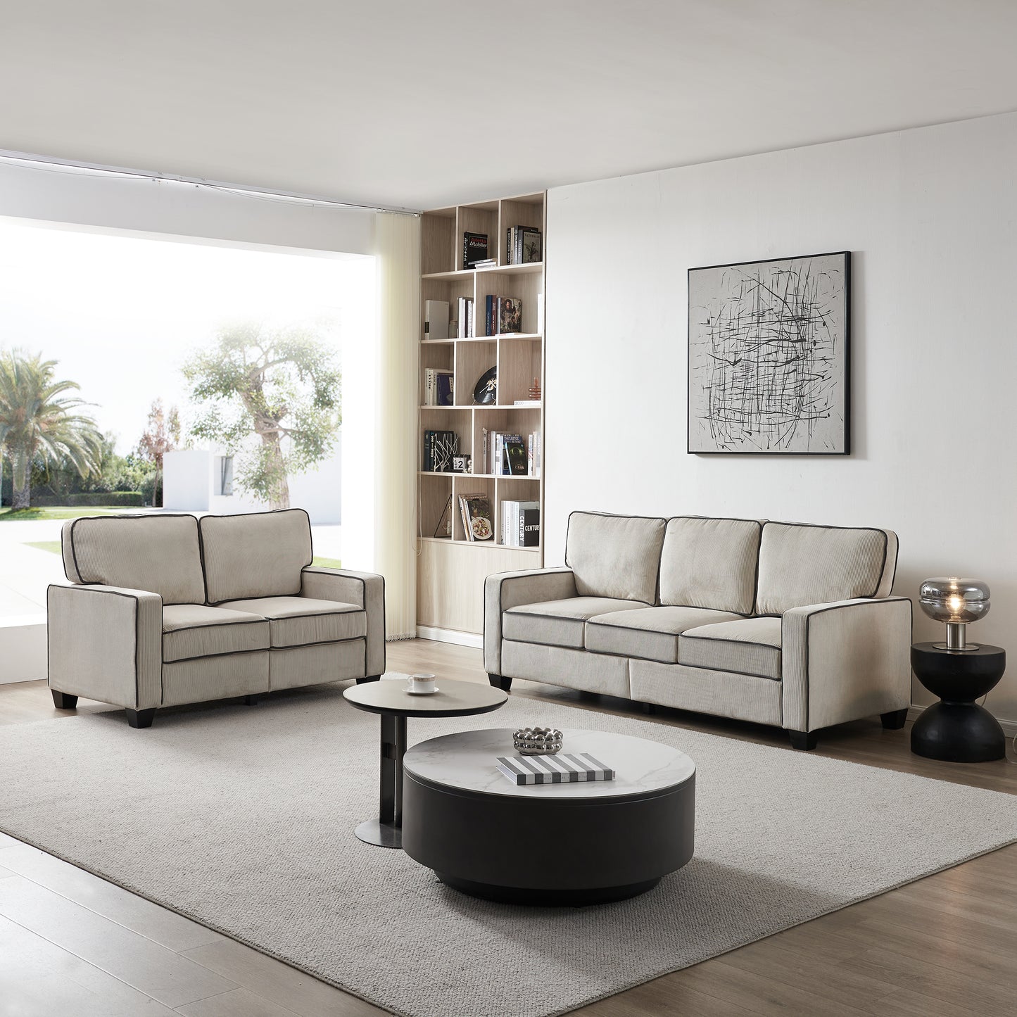 Living Room Sofa Set 2+3 Seater with Storage Beige Corduroy