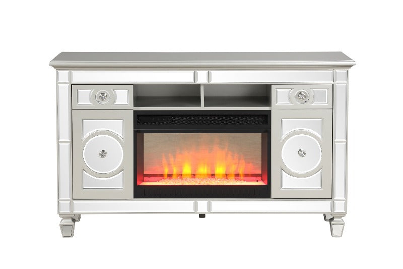 Silver Mirrored TV Stand With Electric Fireplace