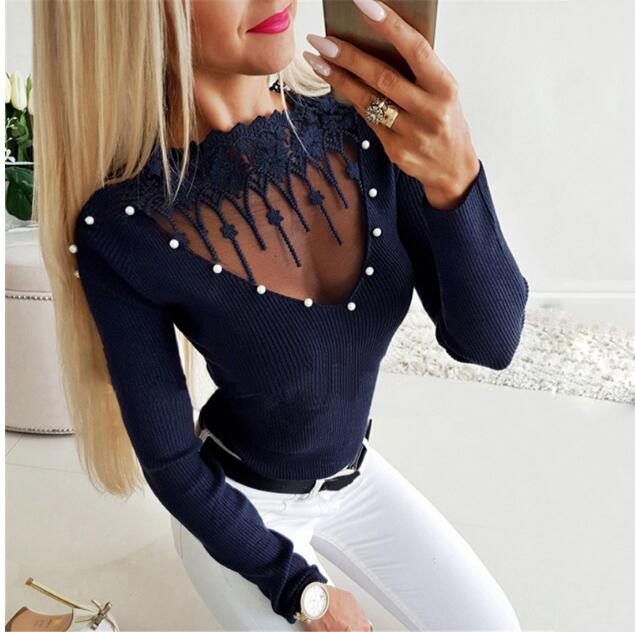 V-Neck Lace Pearl Sweater