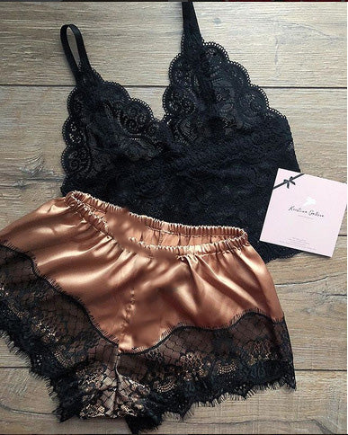 Lace and Satin Bralette and Shorts Lingerie Set (4 Colors)