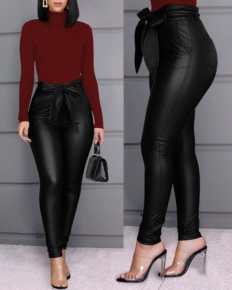 Bow Tied PU Leather Pants