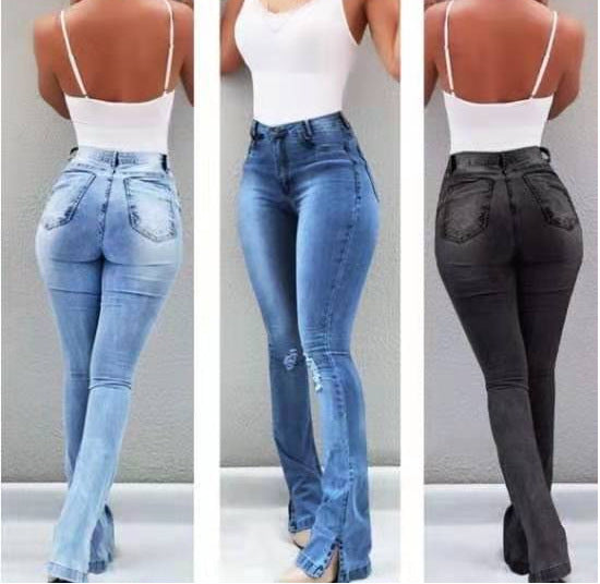 Stretch Rip Flare Ankle Slit Jeans